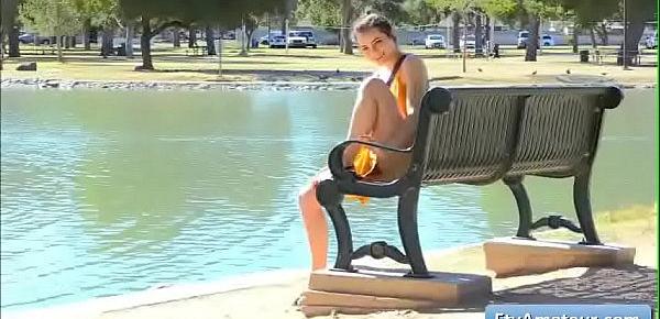  Sensual teen brunette amateur Kylie finger fuck her shaved juicy pussy by the lake